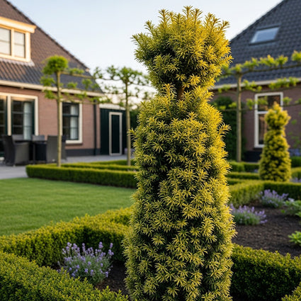 ai sfeerbeeld in border met ilex haagje samen met lavendel en lampenpoetsersgras (niet in beeld).
