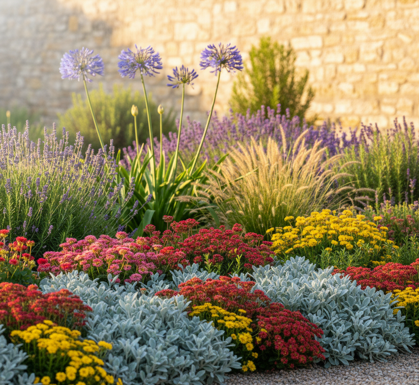 Teucrium lucidrys met Zonneroosje (Helianthemum)

Lavendel

Rozemarijn 'Rosmarinus'

Vedergras 'Stipa'

Ezelsoor (Stachys byzantina)

Afrikaanse Lelie 'Agapanthus'