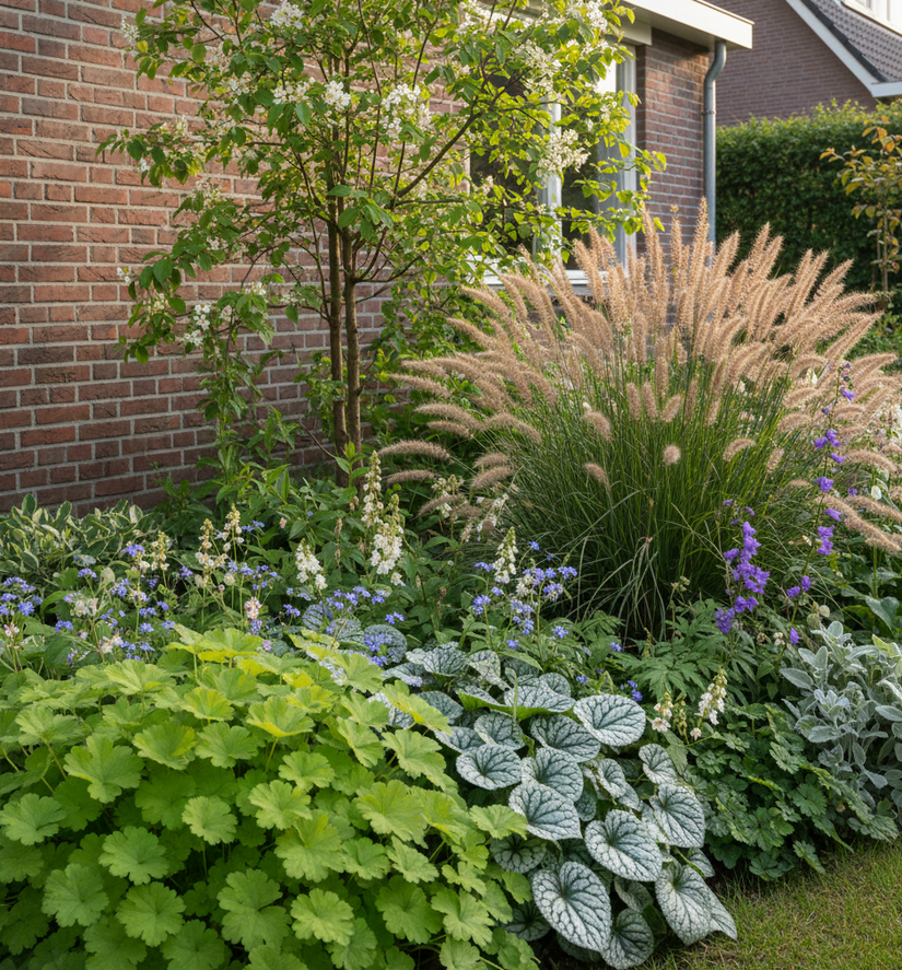 Vrouwenmantel 'Alchemilla Mollis' met Kaukasisch vergeet mij nietje 'Brunnera' ,
Lampenpoetsersgras 'Pennisetum hameln'
Hartlelie 'Hosta'
Klokjesbloem 'Campanula' 
Schuimbloem 'Tiarella' 
Elfenbloem 'Epimedium' 
Dovenetel 'Lamium' 
Ezelsoor 'Stachys' blad meerstammige krentenboompje