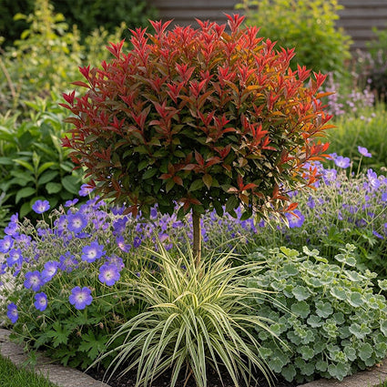 ai sfeerbeeld weigelia op stam met zegge carex ice dance, vrouwenmantel alcehmilla, geranium rozanne