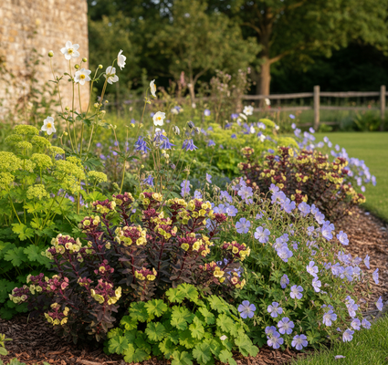 Euphorbia amygdaloides 'Purpurea' in border met Herfstanemonen 'Anemone

Akelei 'Aquilegia'

Ooievaarsbek 'Geranium' (zoals Rozanne ernaast)

Vrouwenmantel 'Alchemilla'