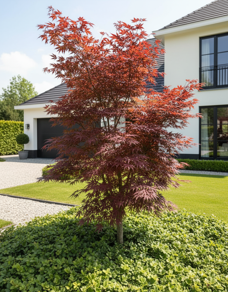 meerstammige japanse esdoorn acer atropurpureum met schaduwkruid bodembedekker er onder