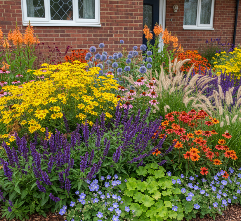 achillea cloth of gold in border met Rode zonnehoed 'Echinacea'

Salie 'Salvia' Caradonna blauw/paars TIP

Zonnekruid 'Helenium' zoals Moerheim Beauty

Spoorbloem 'Centranthus'

Kogeldistel 'Echinops' 

Ooievaarsbek 'Geranium'

Vuurpijl 'Kniphofia'

Wolfsmelk 'Euphorbia'

Pijpestrootje 'Molinia', Lampenpoetsersgras 'Pennisetum'