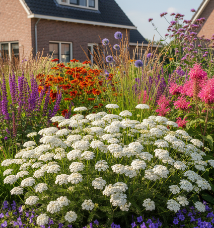 Achillea millefolium 'White Beauty'  in border met Zonnekruid Helenium

Vedergras 'Stipa'

Salie Salvia nemorosa

Bergamotplant 'Monarda'

Kogeldistel 'Kogeldistel'

IJzerhard 'Verbena'

Klokjesbloem 'Campanula' aan de rand vooraan