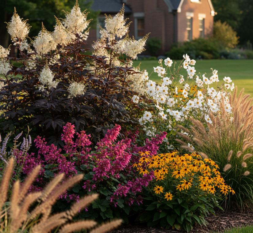 Zilverkaars Actaea / Cimicifuga ramosa 'Atropurpurea' in border met herfaster Rudolph goethe, Herfstanemoon Whirlwind, Gele zonnehoed Rudbeckia en Lampenpoetsersgras pennisetum hameln. Herfstbloeiende border!