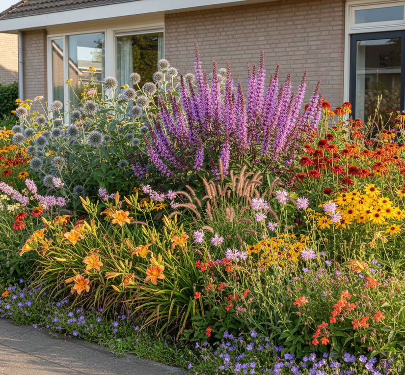 agastache black adder in grote border met Kogeldistel 'Echinops'

Rode Zonnehoed 'Echinacea'

Gele Zonnehoed 'Rudbeckia'

Lampenpoetsersgras 'Pennisetum', Ruwe Smele 'Deschampsia' (inheems) of Pijpestrootje 'Molinia' siergrassen

Duifkruid 'Scabiosa'

Daglelie 'Hemerocallis' (met gele bloemen steekt mooi af)

Nagelkruid 'Geum'

Ooievaarsbek 'Geranium' aan de rand

Prachtkaars 'Gaura' tussendoor

Zonnekruid 'Helenium' 