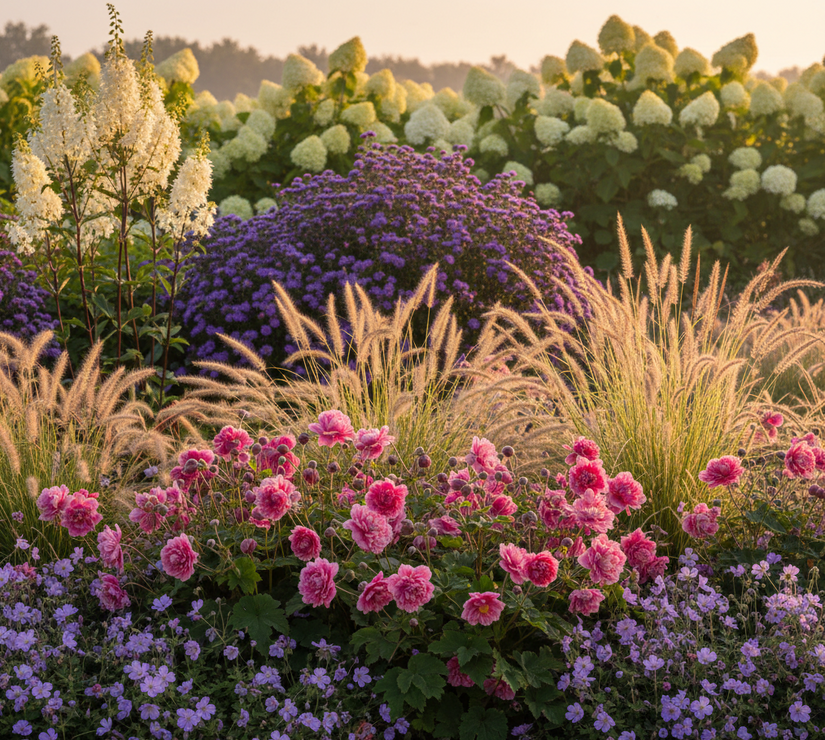 anemoon hybrida pamina met  Lampepoetsersgras 'Pennisetum' en Pijpestrootje 'Molinia' gras en met Ooievaarsbek 'Geraniums' randbeplanting, Herfstasters, Zilverkaars 'Actacea' en op achtergrond Pluimhortensia's