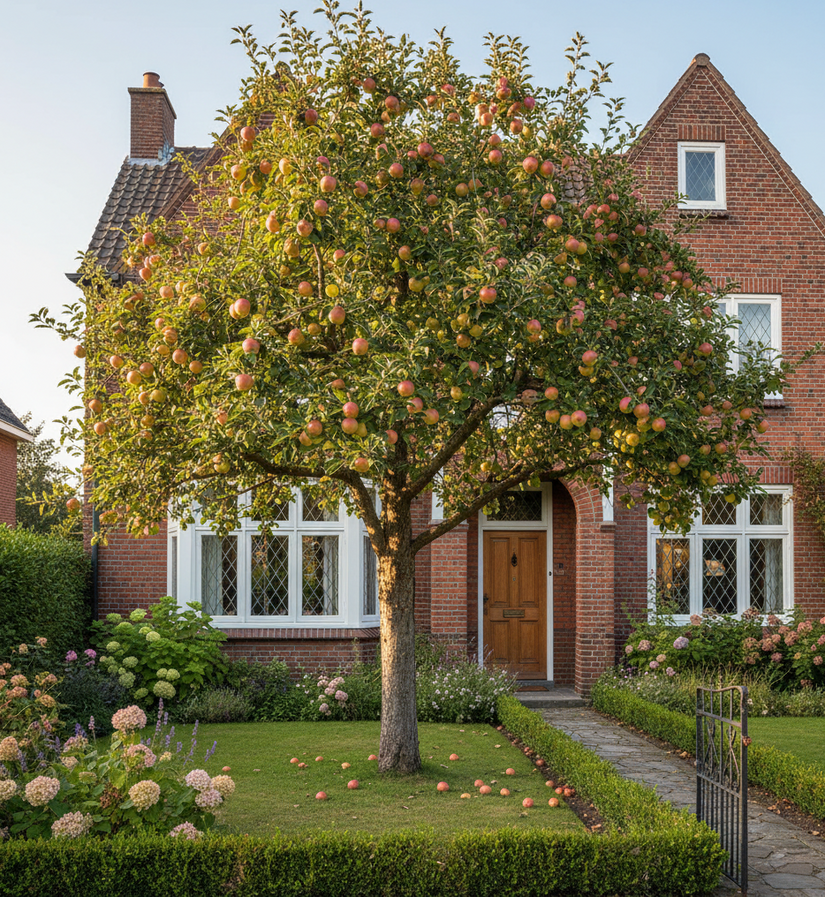 volgroeide hoogstam appelboom jonagold in voortuin