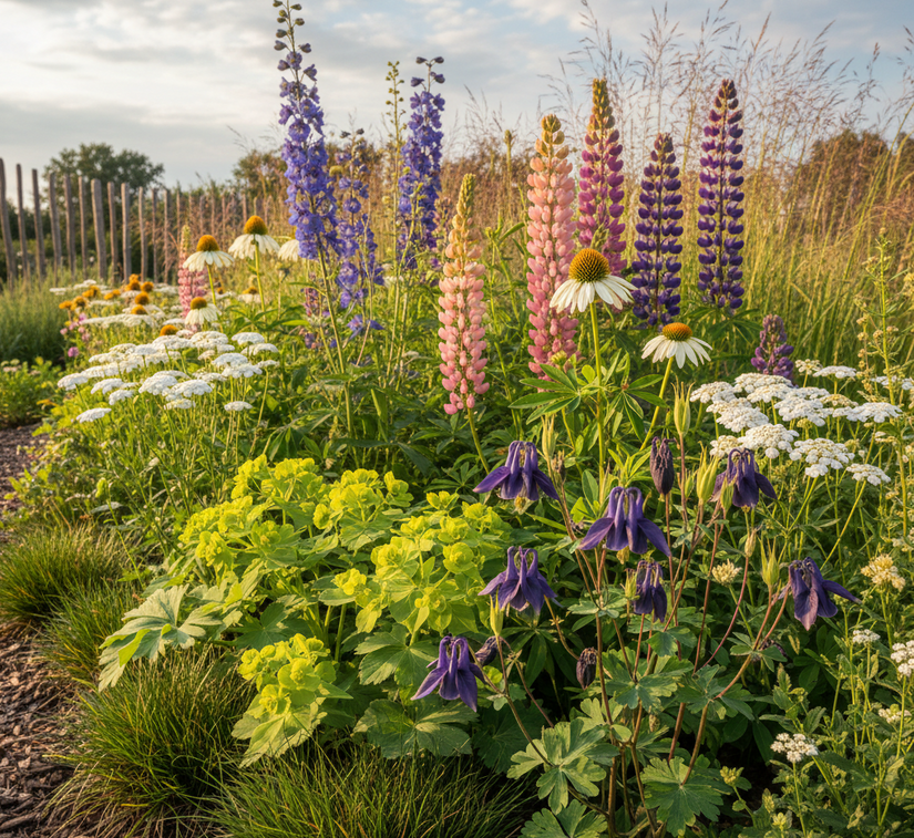 aquilegia blue barlow in border met Wolfsmelk 'Euphorbia' (wintergroen)

Zegge 'Carex' siergras

Witte knoop 'Anaphalis triplinervis'

Ridderspoor 'Delphinium'

Lupine (roze en blauw)

Duizendblad 'Achillea' wit

Witte Zonnehoed 'Echinacea'