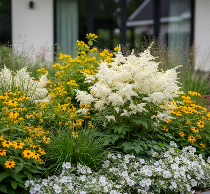 Pluimspirea Astilbe 'Deutschland'
met hertshooi 'Hypericum', Zegge carex, Gele zonnehoed Rudbeckia en Ooievaarsbek Geranium spessart