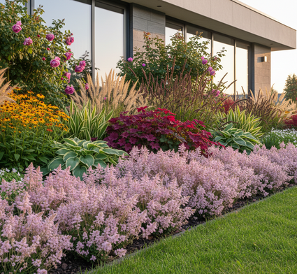 Astilbe chinensis 'Pumila' met rotsooievaarsbek, zegge carex, hosta, leliegras, rosa rugosa struiken en pijpestrootje moorhexe