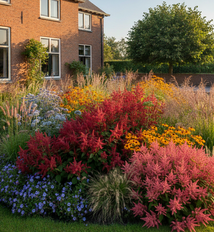 persicaria darjeeling red met lampenpoetsersgras pennisetum, gele zonnehoed 'rubeckia, klokjesbloem 'Campanula' en kogeldistel 'echinops' 