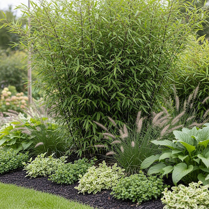ai sfeerbeeld bamboe winter joy met euonymus, lampenpoetsersgras en hosta's