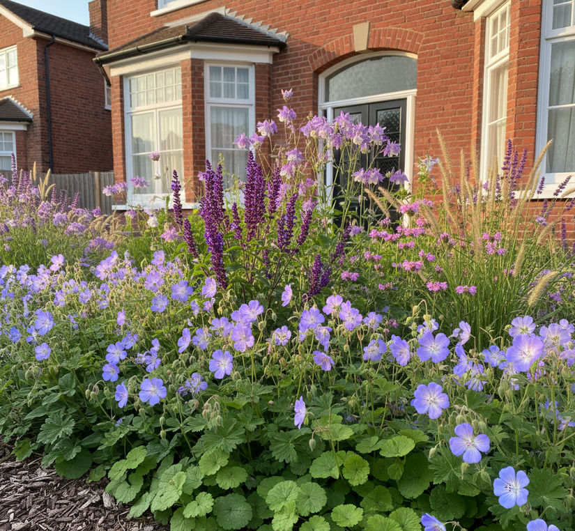 beemdooievaarsbek geranium pratense  met Vrouwenmantel 'Alchemilla'
Smeerwortel ' Symphytum'
Salie 'Salvia' denk aan Mainacht of Caradonna
Akelei 'Aquilegia'
Dropplant 'Agastache'
Beemdkroon 'Knautia' en lampenpoetsersgras pennisetum hameln