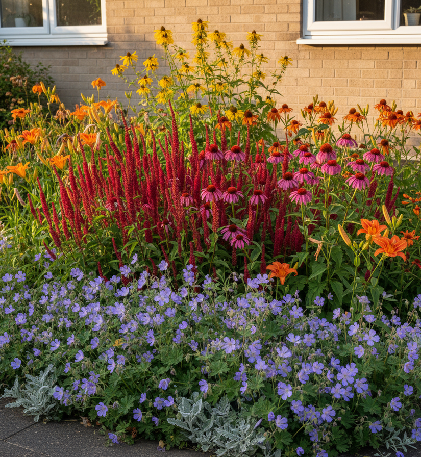 Beemdooievaarsbek geranium pratense met 
Duizendknoop 'Persicaria' 
Gele Zonnehoed 'Rudbeckia'  
Rode Zonnehoed 'Echinacea' 
Brandkruid 'Phlomis' 
Zonnekruid 'Helenium' 
Daglelie 'Hemerocallis'
Andoorn / Ezelsoor 'Stachys',