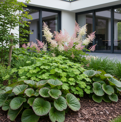 Bergenia Cordifolia combinatie met Astilbe, Zegge Carex en Vrouwenmantel.