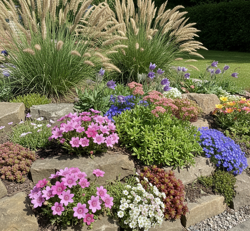 lewisia cotyledon in rotstuin met Steenbreek 'Saxifraga'

Vetkruid 'Sedum'

Klokjesbloem 'Campanula'

Wildemanskruid 'Pulsatilla vulgaris'

Lampenpoetsersgras 'Pennisetum'
