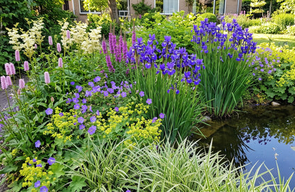  iris blue king naast vijver met er naast (niet in het water) vrouwenmantel, kattenstaart, adderwortel (persicaria), moerasspirea, zegge 'carex' ice dance en tuingeraniums.