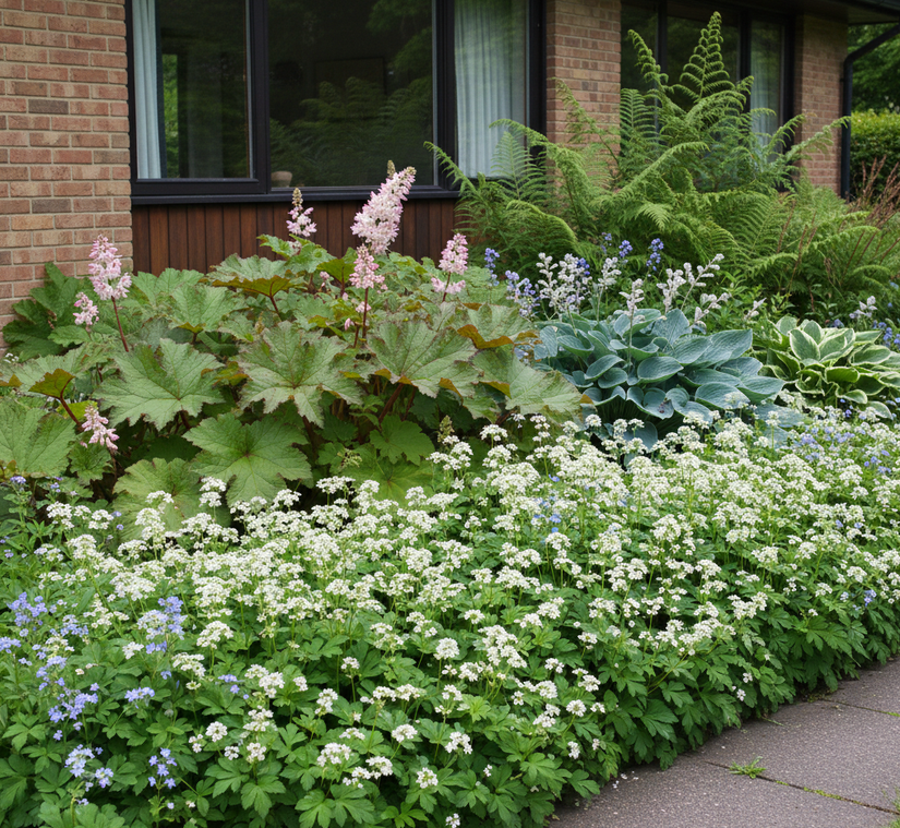 Schuimbloem - Tiarella cordifolia op de voorgrond met varens, hosta, brunnera en rodgersia gecombineerd