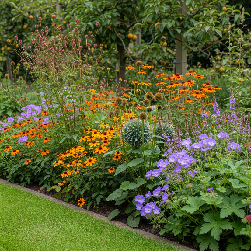 sfeerfoto met grote pimpernel sanguisorba officinalis (links boven, hoog) en geranium rozanne, gele zonnehoed rudbeckia en kogeldistel echinops - met ai gegenereerd
