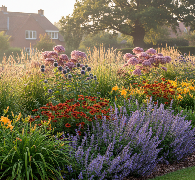 
Calamagrostis x acutiflora 'Karl Foerster' met

Daglelie 'Hemerocallis' geel

Kogeldistel 'Echinops'

Koninginnekruid 'Eupatorium' achteraan

Kattenkruid 'Nepeta' als randbeplanting, 

Zonnekruid 'Helenium' rood