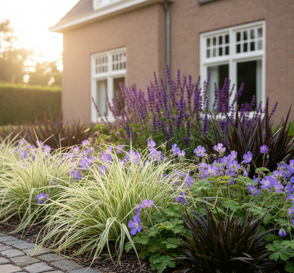 zegge carex ice dance combinatie met ooievaarsbek rozanne, salie Mainacht en zwart gras 'Ophiopogon'. 