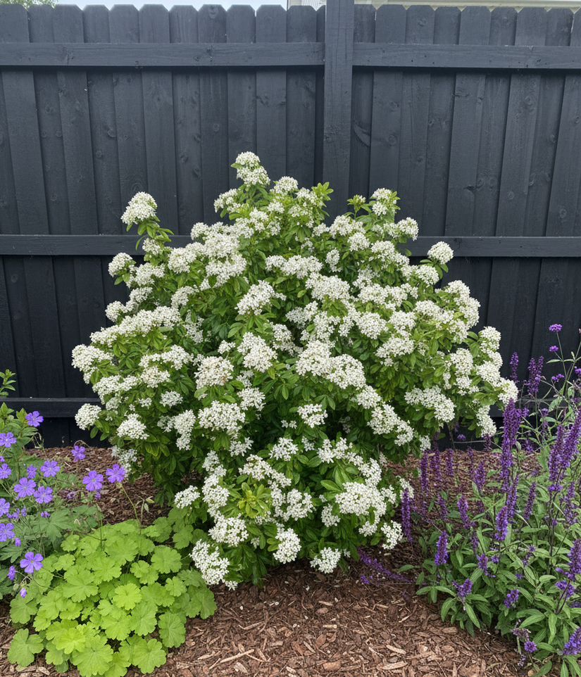 wintergroene choisya ternata heester in bloei met salie caradonna en geranium rozanne. 