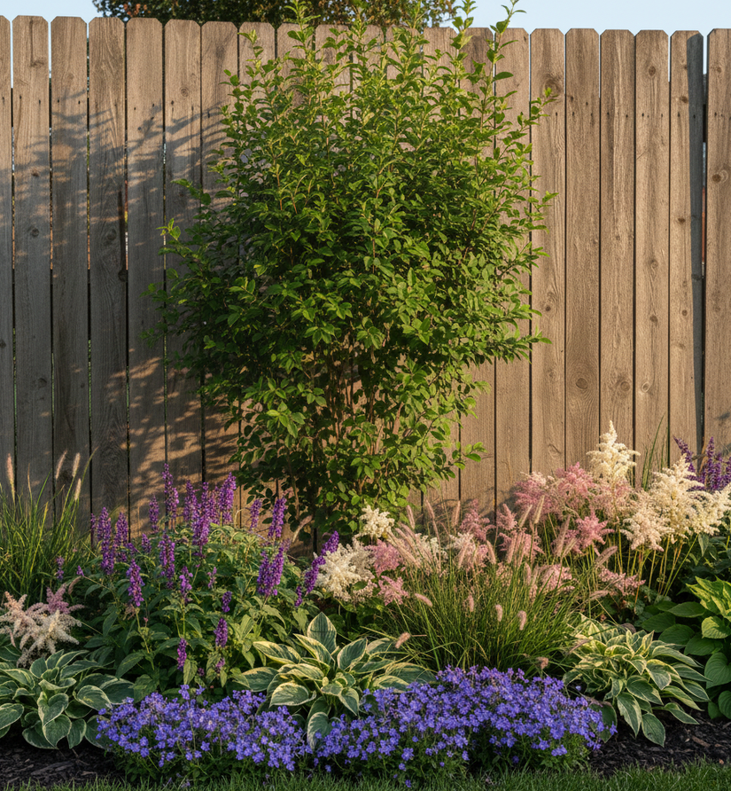 Cornus mas struik in blad met klokjesbloem, salie, hosta, lampenpoetsersgras en astilbe's in border.