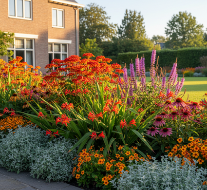crocosmia emliy mckenzie met Nagelkruid 'Geum', rode zonnehoed,

Duizenblad 'Achillea' feuerland

Dropplant 'Agastache'

Kattenkruid 'Nepeta' aan de rand