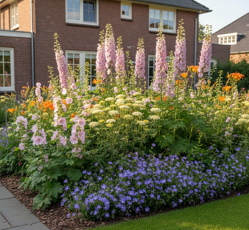 delphinium astolat met Duizenblad 'Achillea', Ooievaarsbek 'Geranium' aan de rand, Daglelie 'Hemerocallis' oranje/geel, Kaasjeskruid 'Malva' (links)