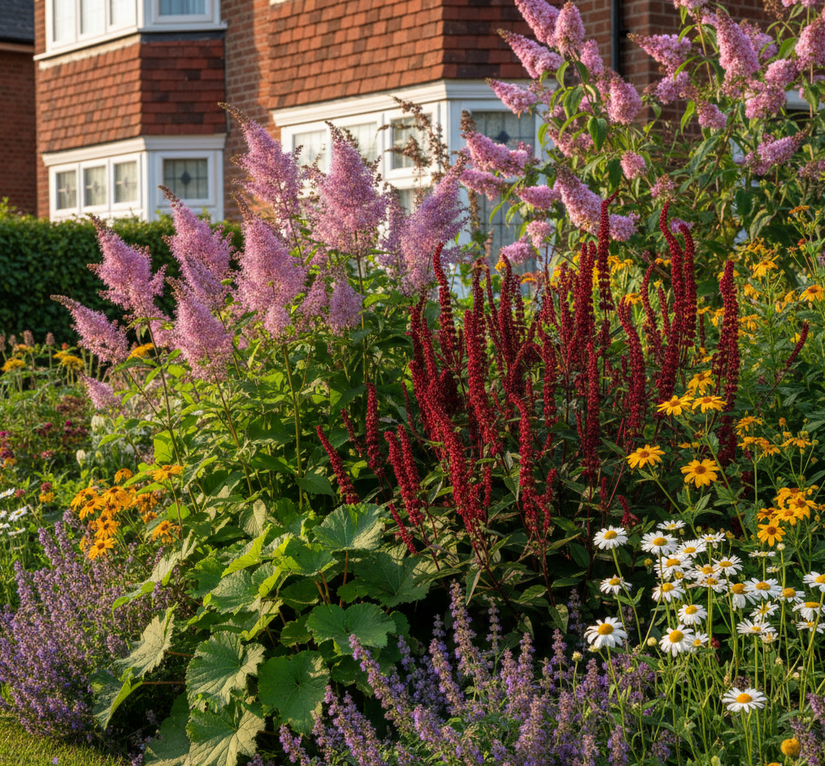 Eupatorium cannabinum 'Plenum' (rechtsboven) met duizendknoop persicaria blackfield, Kruiskruid 'Ligularia', Kattenkruid 'Nepeta', Margriet 'Leucathemum', vlinderstruik roze (linksboven)