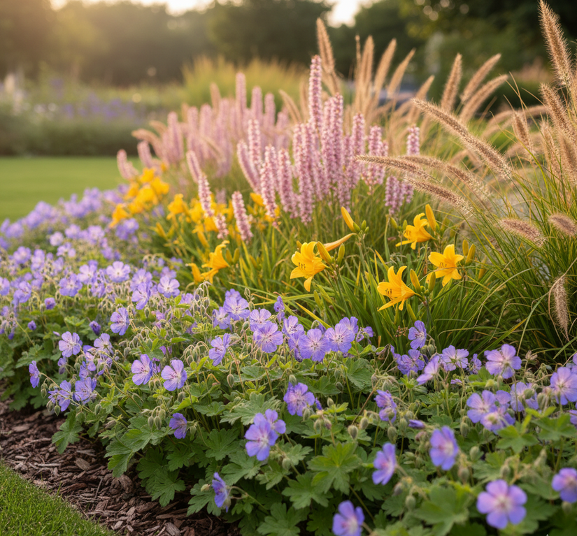 Hemerocallis 'Stella de Oro' met brandkruid, lampenpoetsersgras pennisetum en ooievaarsbek rozanne langs de rand