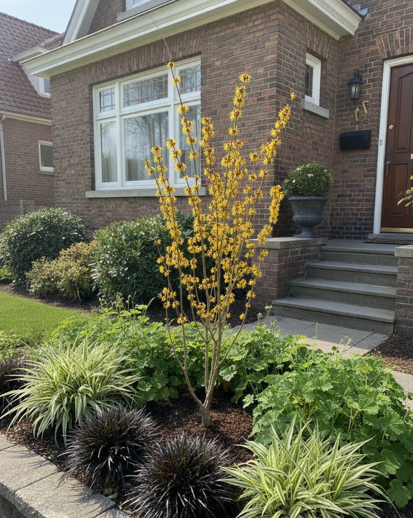 Gele toverhazelaar met zegge (carex ice dance), zwart gras (ophiopogin niger) en  rotsooievaarsbek (geranium)