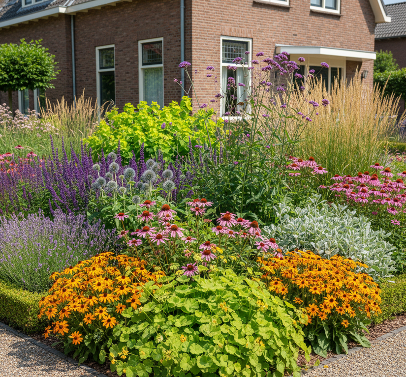 Rudbeckia Fulgida 'Goldsturm' met Zonnehoed 'Echinacea'

Vetkruid 'sedum' in drogere borders

Lavendel 'Lavendula' 

Salie 'Salvia' zoals Mainacht 

Kogeldistel 'Echinops'

Vrouwenmantel 'Alchemilla' (vooraan)

IJzerhard 'Verbena'

Wolfsmelk 'Euphorbia'

Pijpestrootje 'Molinia' moorhexe

Lampenpoetsersgras 'Pennisetum' hameln