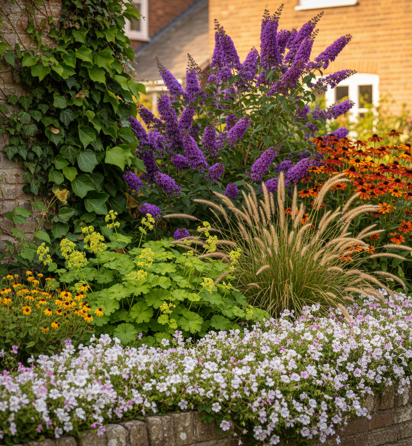 Geranium biokovo aan rand van border met vrouwenmantel, lampenpoetsersgras pennisetum, Hedera klimplanten, vlinderstruik 'Buddleja' en zonnekruid 'Helenium'
