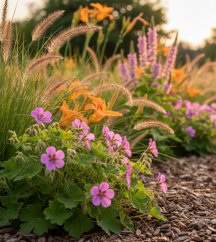 Geranium max frei met daglelie, brandkruid en lampenpoetsersgras in border