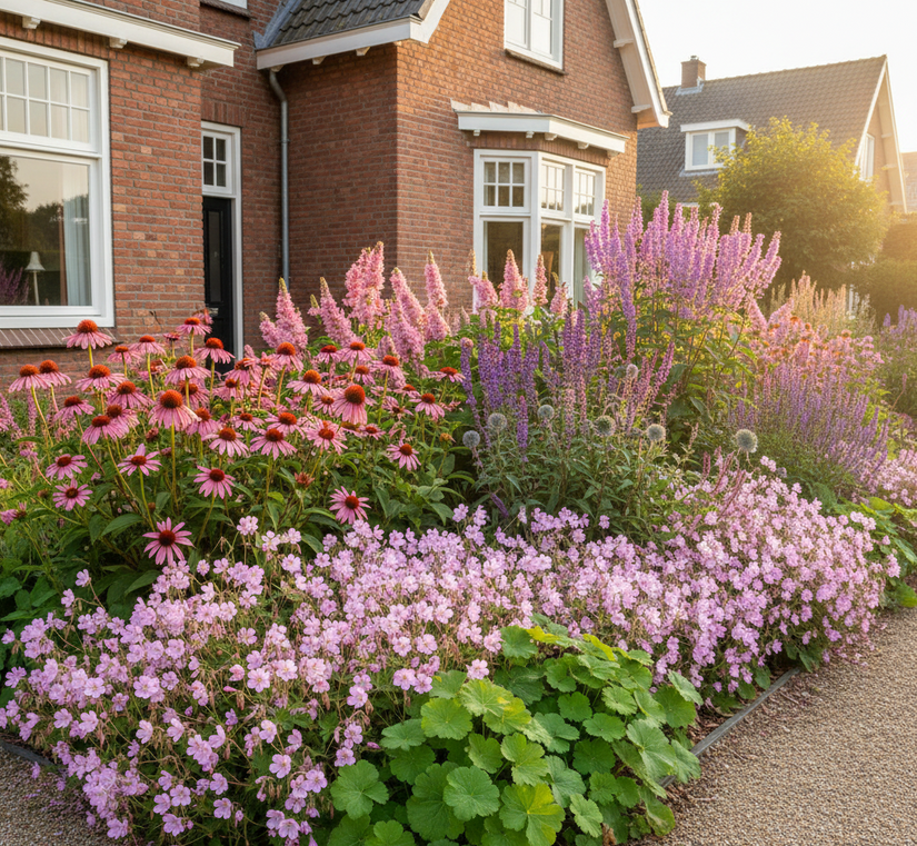 geranium rose clair met Zonnehoed Echinacea' 
Lavendel 
Vrouwenmantel 'Alchemilla' vooraan
Dropplant 'Agastache'
Rode Zonnekruid 'Helenium' 
Brandkruid 'Phlomis' roze soort
Salie 'Salvia' Caradonna