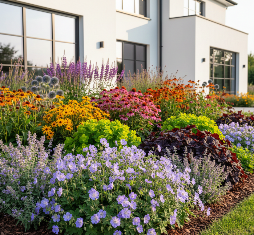 Geranium Azure Rush - combinatie met Kattenkruid 'Nepeta' 
Gele Zonnehoed 'Rudbeckia' 
 Rode Zonnehoed 'Echinacea' 
Zonnekruid 'Helenium' Kogeldistel 'Echinops'
Wolfsmelk 'Euphorbia' voor wintergroen accent
Purperklokje 'Heuchera' palace purple
Dropplant 'Agastache' in speelse groepjes aangeplant