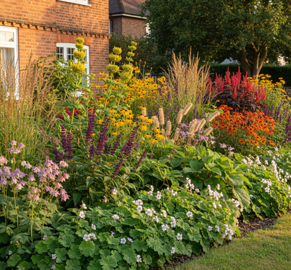 geranium macrorrhizum spessart aan de rand in border met Smeerwortel 'Symphytum'

Salie 'Salvia' denk aan Mainacht of Caradonna

Akelei 'Aquilegia', zet deze er achter

Duizendknoop 'Persicaria' (zet deze erachter)

Gele Zonnehoed 'Rudbeckia' 

Brandkruid 'Phlomis' er achter

Zonnekruid 'Helenium' (steekt mooi af)

Smeerwortel 'Symphytum'

Siergrassen zoals Lampepoetsersgras 'Pennisetum', Ruwe Smele 'Deschampsia' en Vedergras 'Stipa'