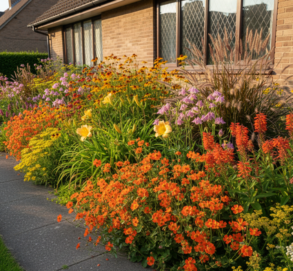 geum totally tangerine border met Zonnekruid 'Helenium'

Akelei 'Aquilegia'

Daglelie 'Hemerocallis' (geel)

Bergamotplant 'Monbretia'

Duizendblad 'Achillea'

Diverse siergrassen zoals Vedergras 'Stipa' en Lampenpoetsersgras 'Pennisetum'