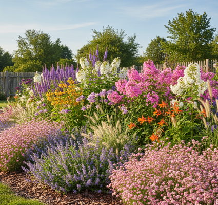 Gypsophila 'Rosenschleier' met Dropplant 'Agastache' er achter

Kattenkruid 'Nepeta' aan de rand, niet te nat

Brandkruid 'Phlomis' 
Akelei 'Aquilegia' 

Vlambloem 'Phlox'

Siergrassen zoals Lampepoetsersgras 'Pennisetum' en Vedergras 'Stipa'

Montbretia 'Crocosmia'