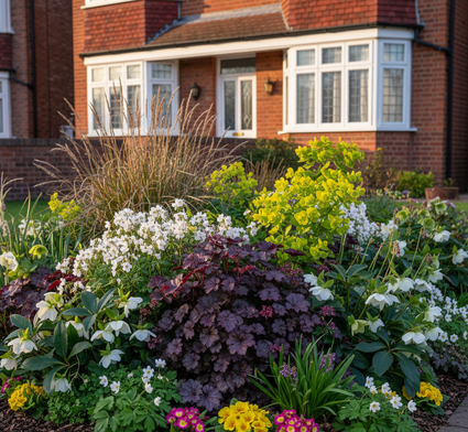 helleborus niger met heuchera palace purple, rotsooievaarsbek wit en Leliegras 'Liriope, lampenpoetsersgras,
Wolfsmelk 'Euphorbia'
Sleutelbloem 'Primula'
Bosanemoon 'Anemone' 