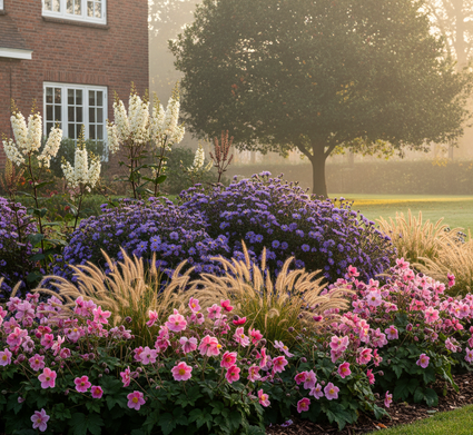 Herfstanemoon - Anemone hupehensis 'Splendens' met zilverkaars racemosa, herfstaster rudolph goethe en Lampenpoetsersgras pennisetum hameln