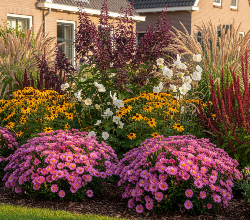 Aster amellus 'Rosa Erfüllung' in border met Zilverkaars racemosa, Lampenpoetsersgras Pennisetum hameln, Duizendknoop Persicaria blackfield, Gele zonnehoed 'rudbeckia' en Herfstanemoon wit
