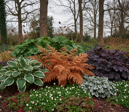 herfstvaren  Dryopteris erythrosora met grootbladige Hartlelie 'Hosta' witbont , Bosanemoon, elfenbloem aan de rand, Schout bij Nacht 'Rodgersia', Purperklokje 'Heuchera' obsidian en kaukasisch-vergeet-mij-nietje 'Brunnera'