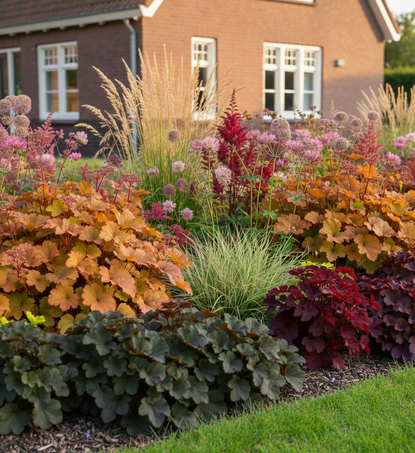 heuchera rachel met Spierstruik 'Astilbe's', Ooievaarsbekjes 'Geranium', wintergroene Wolfsmelk 'Euphorbia', Lampenpoetsersrgas 'pennisetum', Zegge 'Carex' (wintergroen), en het Zeeuwse knoopje 'Astrantia'.