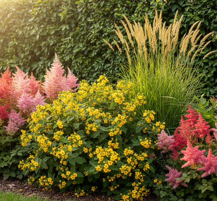 Hypericum 'Hidcote' met astilbe, struisriet in border met hedera haag op achtergrond