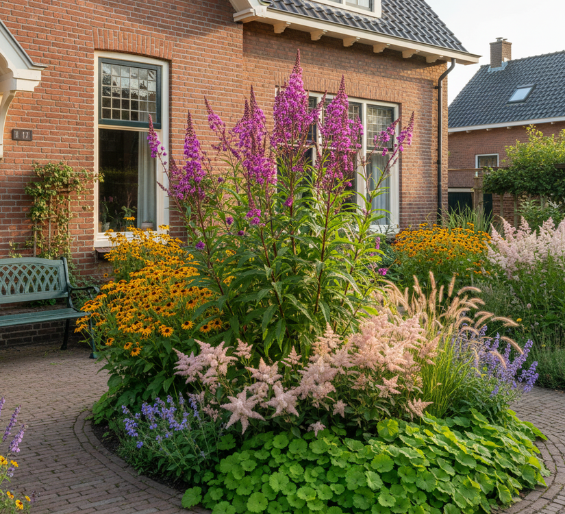 combinaties met oa bosaardbei, astilbe, gele zonnehoed, monnikskap en koninginnekruid. 