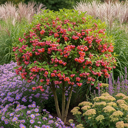 ai sfeerbeeld Euonymus Phellomanus met zomeraster, sedum herbstfreude, leliegras en struisriet siergrassen