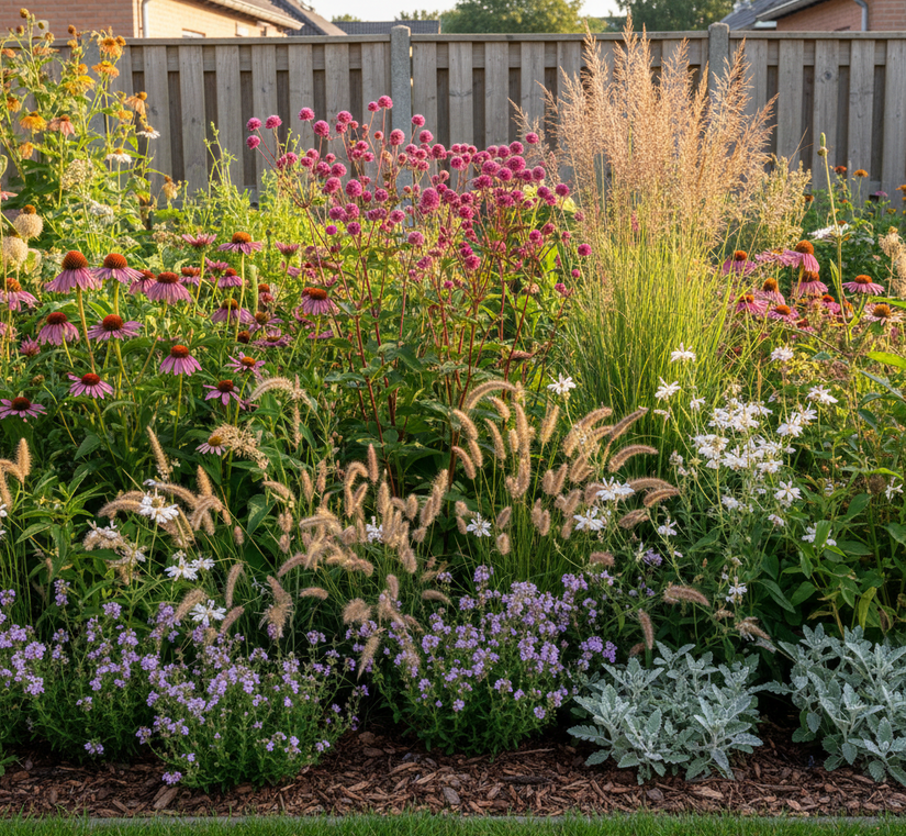 Kleine Pimerpernel Sanguisorba Tanna met struisriet, rode zonnehoed, lampenpoetsersgras, beemdkroon en stachys